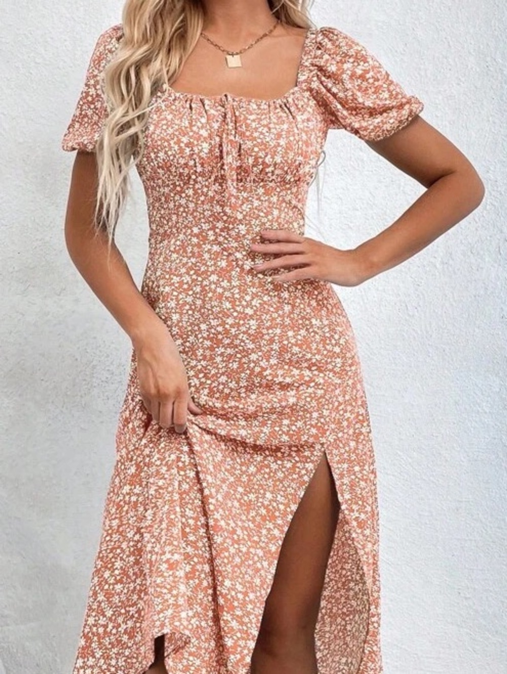 Floral Square Neck Maxi Dress - brown